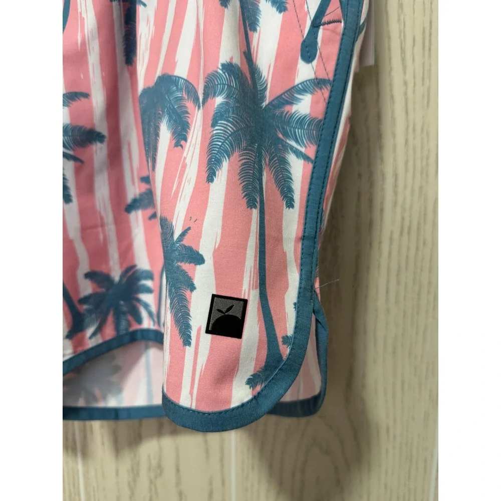 Flomotion Mens Swim Shorts Pink White Stripe Palm Tree Tropical Trunks XL 16